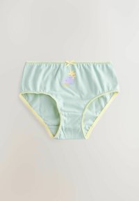 Sous-vêtements en coton vert clair avec une bordure jaune, présentant un graphique amusant d'une étoile et de vagues. Accent de nœud à la taille.