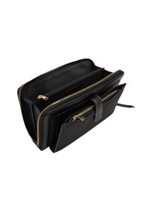 Czarny skórzany portfel ze złotym zamkiem błyskawicznym, z wieloma przegródkami, slots na karty oraz odpinaną kieszonką na zamek.