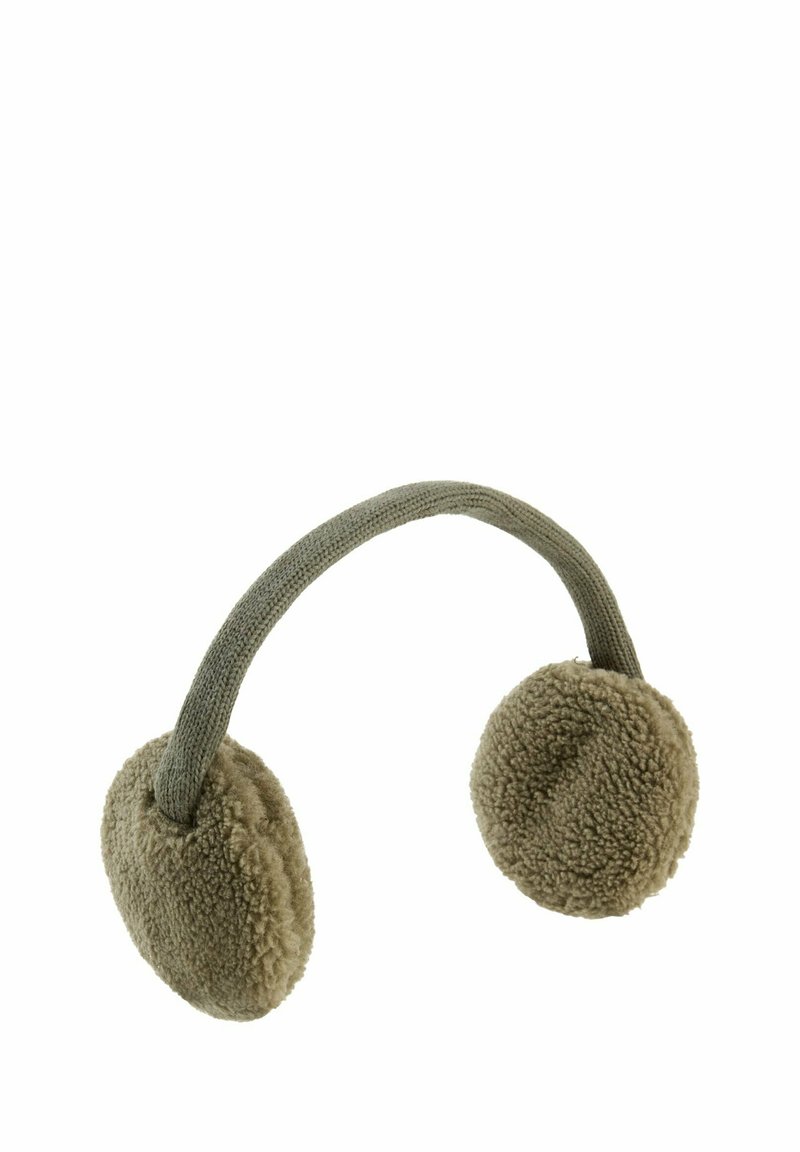 Bruine, zachte oorkap met een gebogen stoffen band. Zachte textuur, ronde donzige uiteinden en gedempte groene accenten. Compact ontwerp voor comfort.