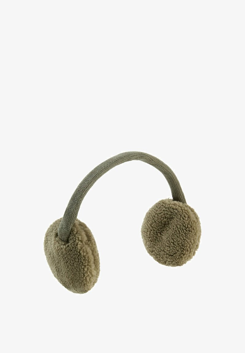 Bruine, zachte oorkap met een gebogen stoffen band. Zachte textuur, ronde donzige uiteinden en gedempte groene accenten. Compact ontwerp voor comfort.