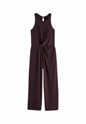Ärmelloser dunkelvioletter Jumpsuit mit weitem Bein, Rückenausschnitt und gedrehtem Knotendetail an der Taille.