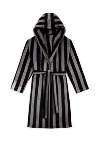Accappatoio a strisce con una combinazione di colori nero e grigio, texture morbida, maniche lunghe, cappuccio e una cintura in tessuto per la chiusura.