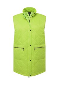 Grüne gesteppte ärmellose Weste mit hohem Kragen, zwei geräumigen Reißverschlussfronttaschen und Druckknöpfen vorne. Glattes Material, leichtes Design.