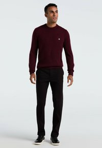 Mann in einem burgunderfarbenen Pullover mit kleinem Logo, schwarzen Hosen und schwarzen Sneakers mit weißen Sohlen, der vor einem schlichten weißen Hintergrund steht.