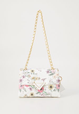 Quilted white handbag with floral patterns, gold chain strap, and a triangular logo accent on the front. Features a smooth texture.