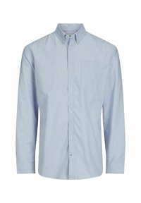 Gestreiftes Langarmshirt in Hellblau und Weiß, mit Button-Down-Kragen, Brusttasche und geradem Schnitt. Baumwollmischgewebe.