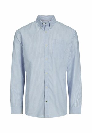 Camicia a maniche lunghe a righe in blu chiaro e bianco, dotata di colletto con bottoni, tasca sul petto e taglio dritto. Tessuto misto cotone.