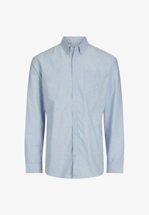 Striped long-sleeve shirt in light blue and white, featuring a button-down collar, chest pocket, and straight cut. Cotton blend fabric.
