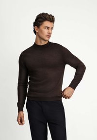 Brązowy sweter z dzianiny z wysokim kołnierzem, długimi rękawami i ściągaczami. Gładka struktura z dopasowanym krojem.