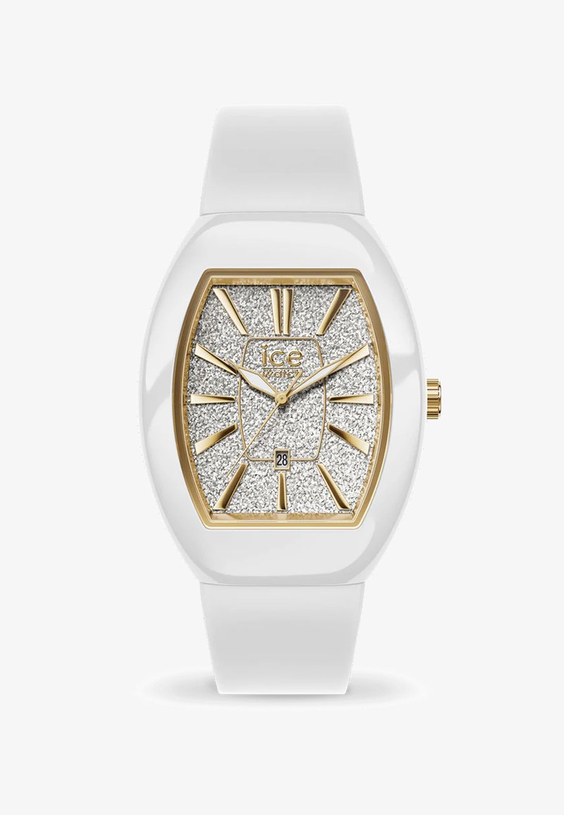 Vit silikonarmbandsur med en guldaccentuerad, silverglittrig textur på urtavlan, rektangulär form och tydliga timmarkörer. Datovisning vid klockan 6.