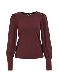 Temno vinsko rdeča bluza z dolgimi rokavi in napihnjenimi rameni, širokimi manšetami, okroglo ovratnikom in prilegajočo silhueto.