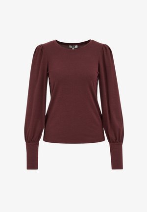 Ciemnobordowa bluzka z długim rękawem, zdobiona bufkami na ramionach i szerokimi mankietami, z okrągłym dekoltem i dopasowanym fasonem.