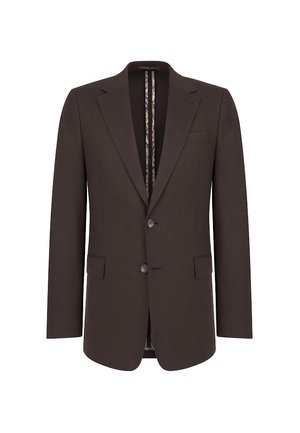 Ciemnobrązowa marynarka męska z klasycznymi klapami, dwoma guzikami, przednimi kieszeniami z klapkami oraz widoczną wewnętrzną podszewką w kwiatowy wzór.