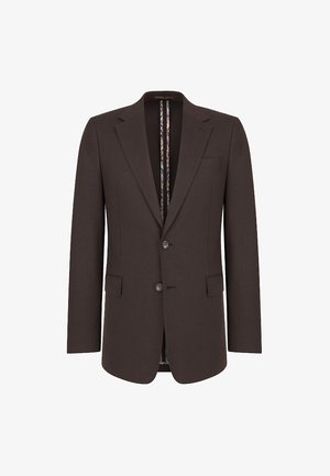 Ciemnobrązowa marynarka męska z klasycznymi klapami, dwoma guzikami, przednimi kieszeniami z klapkami oraz widoczną wewnętrzną podszewką w kwiatowy wzór.