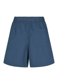 Tummansinisiä shortseja, joissa on joustava vyötärönauha ja yksi takatasku. Valmistettu kevyestä kankaasta, jossa on sileä pinta.