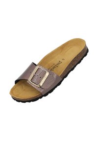 Riemensandale im braunen Schlangenhautmuster mit einer metallischen Schnalle, Korkfußbett und strukturiertem schwarzen Gummisohle. Glatte Innenauskleidung.