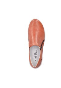Orange perforated slip-on shoe with white sole and side zipper. Smooth texture, rounded shape, and subtle branding on the insole.
