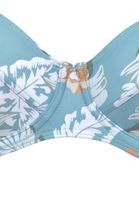 Podložena bikini zgornji del z turkizno podlago, ki vsebuje bel cvetlični vzorec z breskev odtenki; vključuje šive ob robovih.