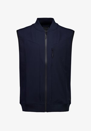 Granatowa kamizelka bez rękawów wykonana z miękkiej tkaniny, z wysokim kołnierzem, zamkiem błyskawicznym z przodu oraz bocznymi kieszeniami z eleganckimi detalami przeszyć.