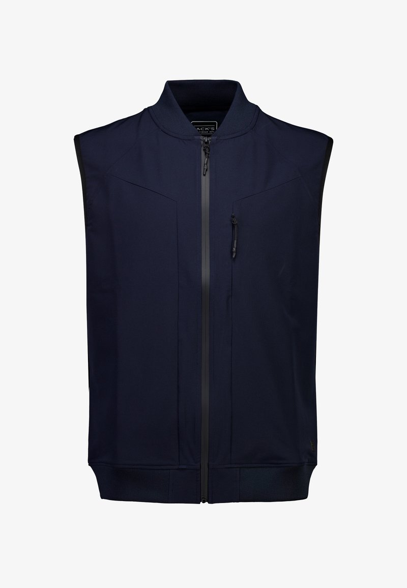 Granatowa kamizelka bez rękawów wykonana z miękkiej tkaniny, z wysokim kołnierzem, zamkiem błyskawicznym z przodu oraz bocznymi kieszeniami z eleganckimi detalami przeszyć.