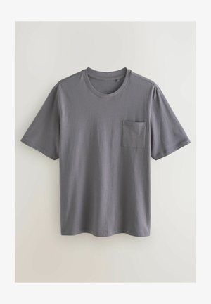 Short-sleeve, crew-neck t-shirt in dark gray cotton with a small front pocket. Smooth texture and relaxed fit. Simple, straight hemline.