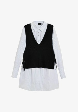 Valge pika varrukaga nööbitav särk-kleit õhukeste mustade triipudega, kihiline mustast kootud vabad käisedeta vest küljetahvlitega.