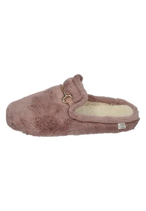 Faux fur slipper in soft pink, featuring a padded upper, an open back, and a decorative metal accent. Lined with white plush material.