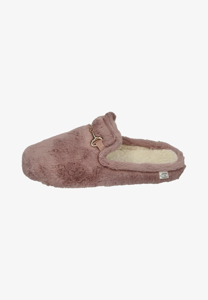 Faux fur slipper in soft pink, featuring a padded upper, an open back, and a decorative metal accent. Lined with white plush material.