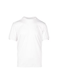 Vit kortärmad T-shirt gjord av ett mjukt, lättviktigt material. Har en subtil logotyp på bröstet. Rundad halsringning med en avslappnad passform.