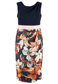 Robe sans manches avec un haut bleu marine et une jupe à motif floral orange et blanc. Ceinture contrastante rose clair. Texture lisse.