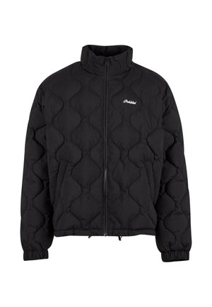 Black quilted jacket featuring a high collar, front zip closure, and elastic cuffs, with subtle branding on the chest.