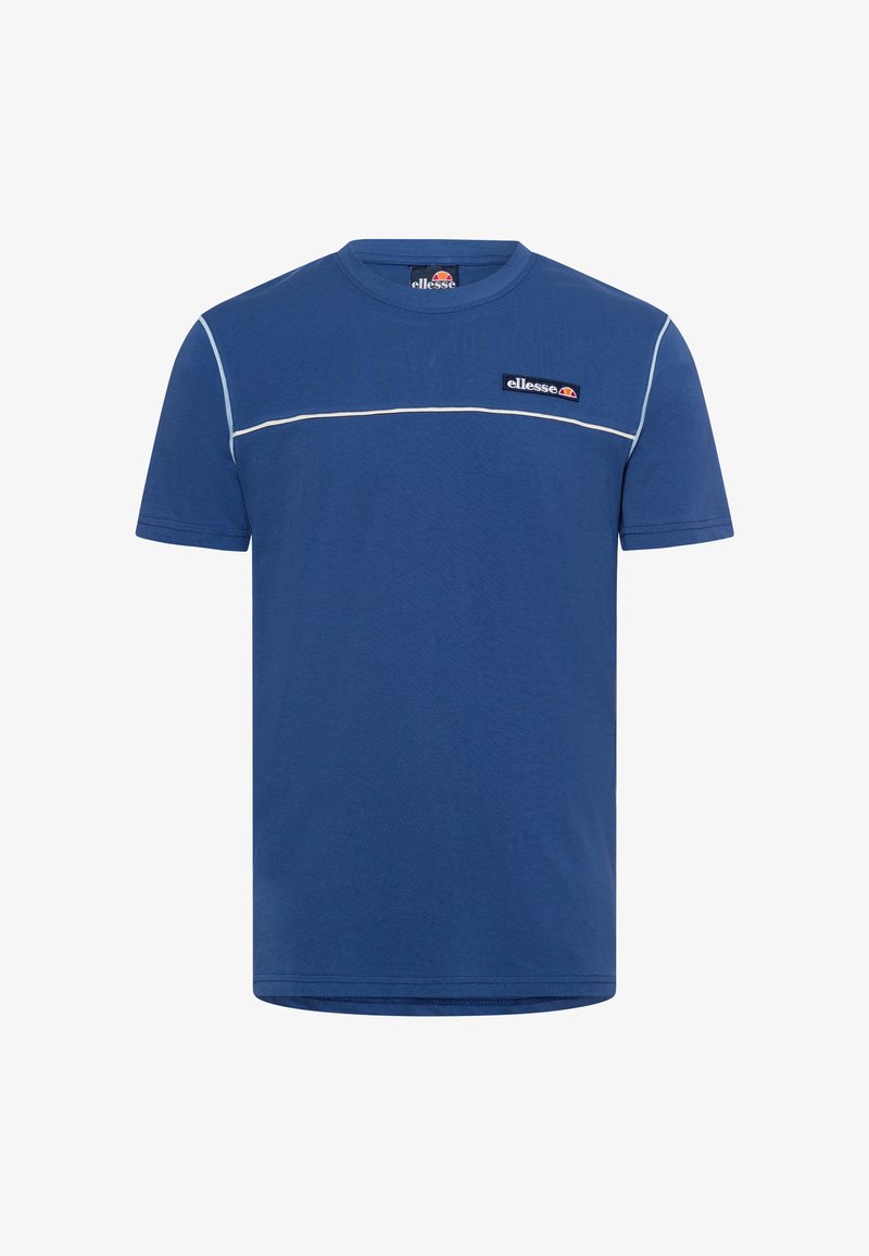 Blue cotton t-shirt featuring a white horizontal stripe and a contrasting embroidered logo on the chest. Round neckline and short sleeves.