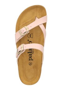 Light pink sandal with two adjustable straps and gold buckles. Cushioned, brown suede insole with brand logo printed. Flat sole design.