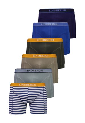 Sześć par męskich bokserek w jednolitych kolorach: granatowym, niebieskim, oliwkowym, beżowym, szarym oraz granatowo-białe w paski, z kontrastowymi ściągaczami z logo „LINDBERGH”.