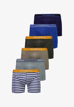 Sechs Paar Herrenboxershorts in uni Navy, Blau, Olive, Beige, Grau und gestreift Navy-Weiß, mit kontrastfarbenen Bündchen mit "LINDBERGH"-Logo.