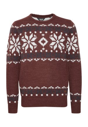 Bordeauxfarbener Strickpullover mit weißen Schneeflocken- und geometrischen Mustern. Verfügt über einen Rundhalsausschnitt, gerippte Bündchen und Saum. Hergestellt aus strukturiertem Stoff.