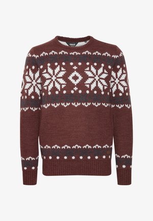 Bordeauxfarbener Strickpullover mit weißen Schneeflocken- und geometrischen Mustern. Verfügt über einen Rundhalsausschnitt, gerippte Bündchen und Saum. Hergestellt aus strukturiertem Stoff.