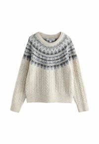 Cremefarbener Strickpullover mit blauem und braunem geometrischem Muster über der Brust und den Schultern, mit einem Zopfmuster-Design am Körper und den Ärmeln.