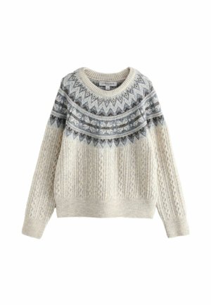 Cream knit sweater with blue and brown geometric pattern across chest and shoulders, featuring cable-knit design on body and sleeves.