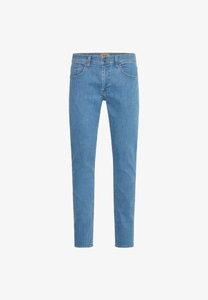 Lichtblauwe jeans gemaakt van denim. Slim fit ontwerp met vijf zakken, gestikte details en een ritssluiting. Soepele textuur en standaard tailleband.