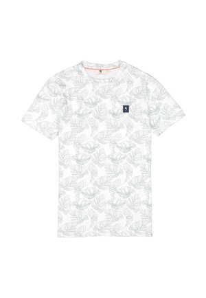 Korte mouwen t-shirt in witte katoen met een lichtgroen tropisch bladpatroon. Heeft een klein marineblauw logo-patch aan de voorkant.