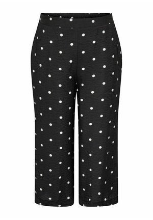 Pantalon court noir à pois blancs avec un tissu légèrement texturé, avec une jambe droite et une taille élastique.