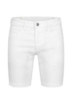 Hvite denimshorts med rett snitt, knappelukking, to frontlommer og oppbrettede ermer. Glatt tekstur og klassisk design.