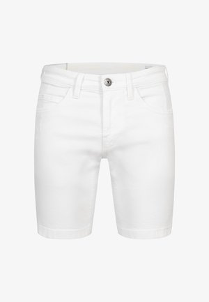 Weiße Denim-Shorts mit geradem Schnitt, Knopfverschluss, zwei Vorderaschen und umgenähten Säumen. Glatte Textur und klassisches Design.