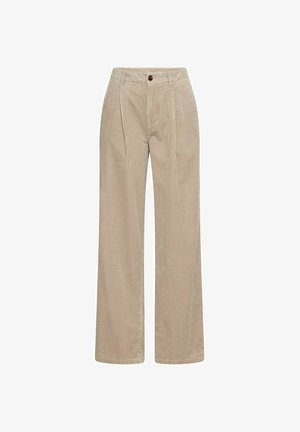 Beige corduroy vidde ben bukser, med subtil tekstur, frontplisseringer, knaplukning og lommer på begge sider.