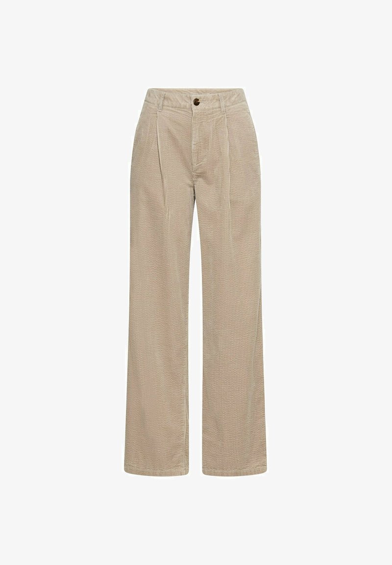 Beige corduroy wijde broek met subtiele textuur, voorplooien, een knoopsluiting en zakken aan beide zijden.