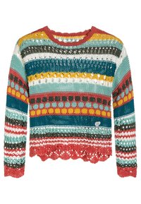 Dzianinowy, wielokolorowy sweter z okrągłym dekoltem, z paskowym wzorem w turkusie, czerwieni, żółci i bieli. Faliste wykończenie na dole.