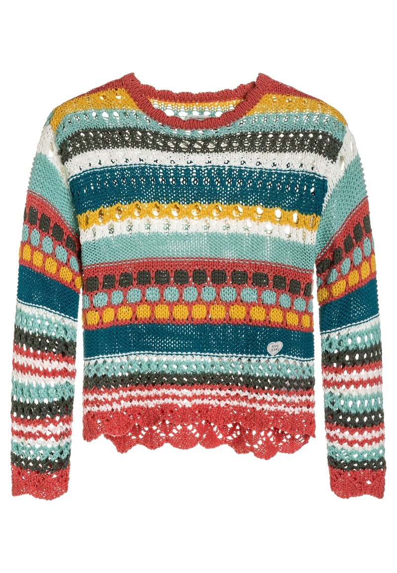 Dzianinowy, wielokolorowy sweter z okrągłym dekoltem, z paskowym wzorem w turkusie, czerwieni, żółci i bieli. Faliste wykończenie na dole.