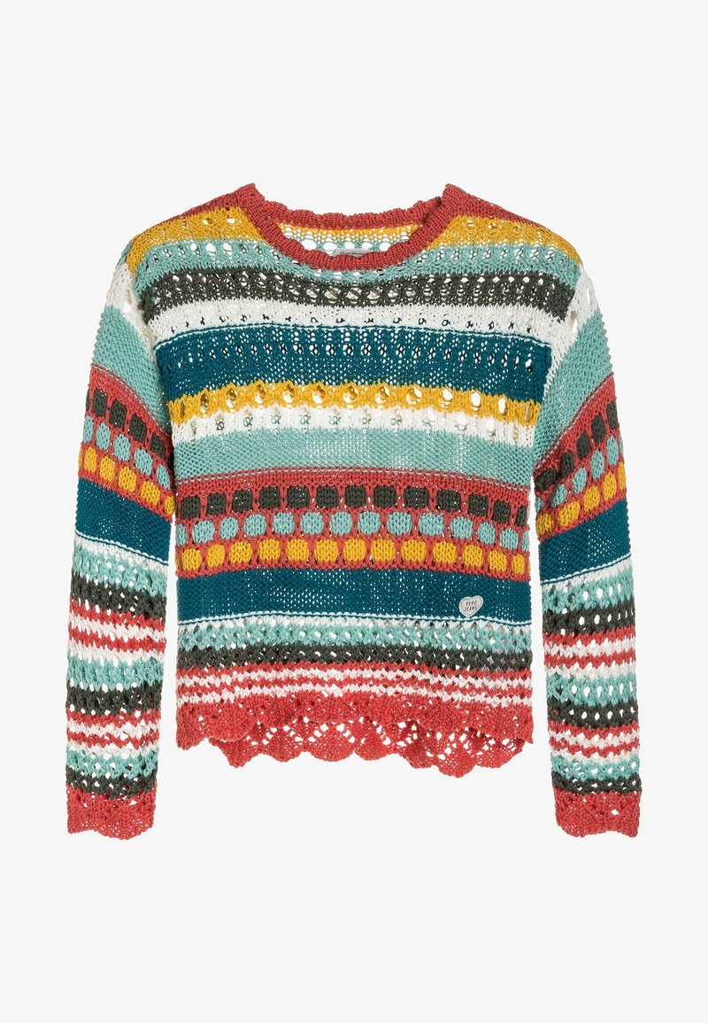 Dzianinowy, wielokolorowy sweter z okrągłym dekoltem, z paskowym wzorem w turkusie, czerwieni, żółci i bieli. Faliste wykończenie na dole.