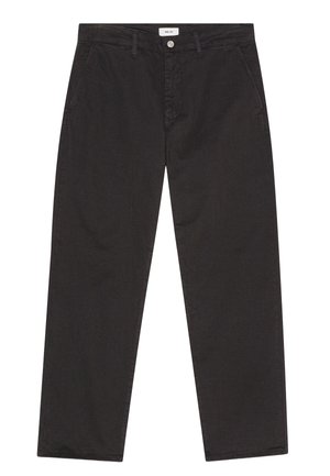 Schwarze, gerade geschnittene Hosen aus Baumwollmischung, mit einem Bund mit Gürtelschlaufen, vorderen Taschen und einem Reißverschluss mit einem metallischen Knopf.